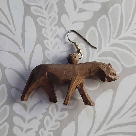 Handmade Carved Wood Cheetah Lion Earrings - Picture 3 of 5